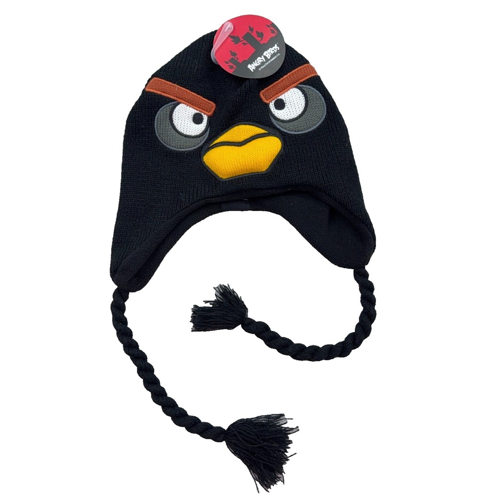 Angry Birds Beanie Stocking Cap Hat Black Bomb Tassles NEW Adult Size